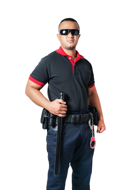 Security guards wear dark glasses. Stand holding a rubber baton and handcuffs on the tactical belt. on isolated white background cut out security concept