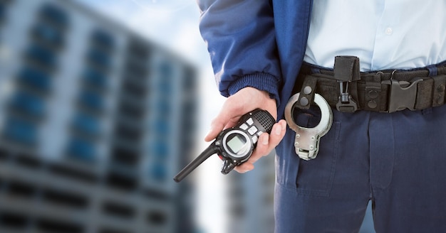 Security man outside buildings