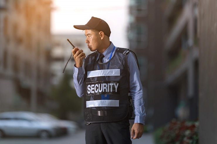 Photo security man standing outdoors using portable radio