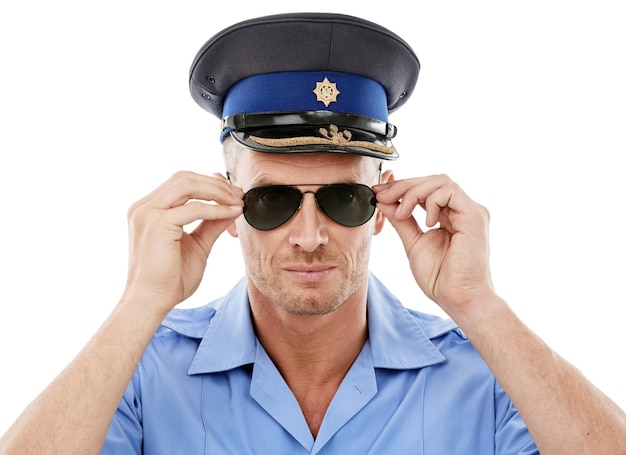 Security officer and face of police with sunglasses on white background for authority public safety and crime Justice law enforcement and portrait of policeman traffic cop and guard in studio