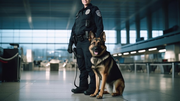 Foto ufficiale di sicurezza con il cane della polizia all'aeroporto generative ai