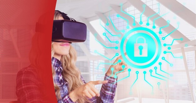 Security padlock icon over woman using vr headset against red\
technology background