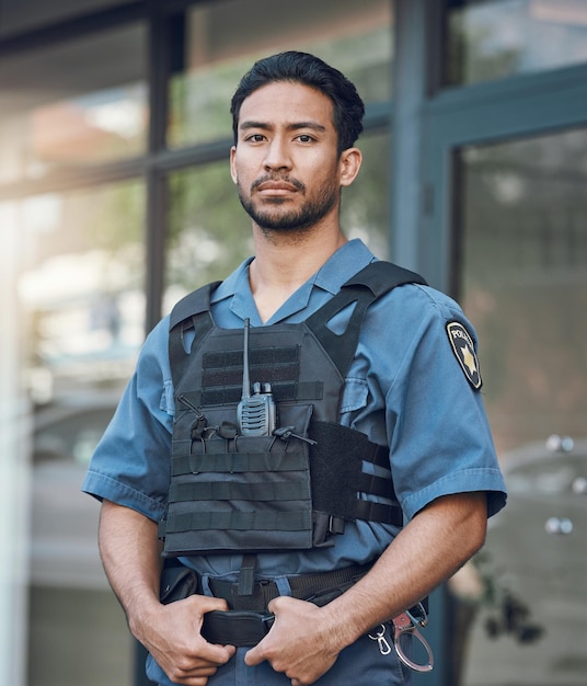 Security police and portrait of man in city for justice inspection and supervision on patrol Surveillance law enforcement uniform and male person in town for safety crime and protection service