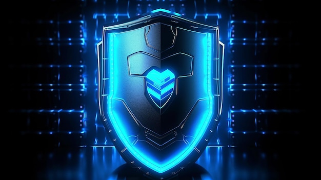 Security shield glows blue symbolizes safety and encryption