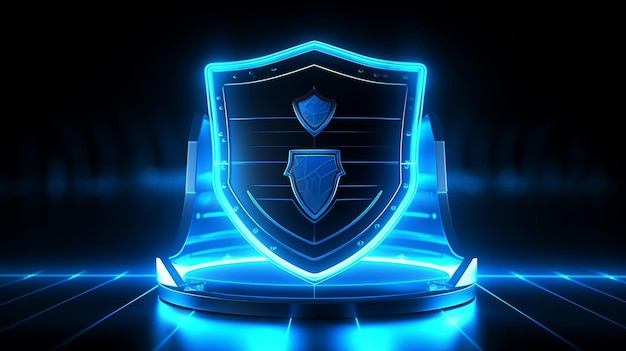 Security shield glows blue symbolizes safety and encryption