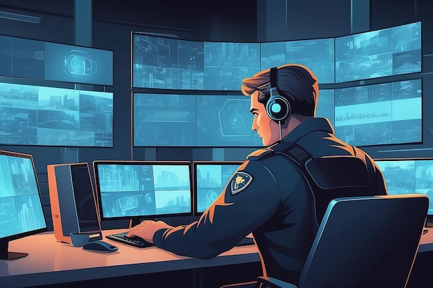 Security staff vector concept Security man watching video surveillance while sitting in front of monitors