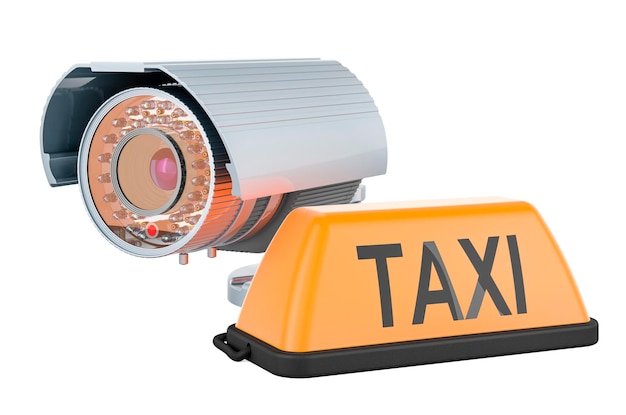 Security surveillance camera with taxi car signboard 3D rendering