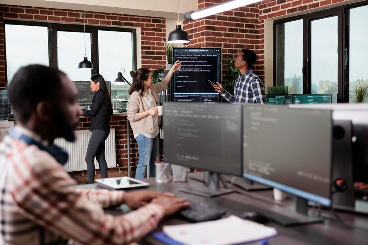 Photo security system developers analyzing application coding method in order to optimize data processing rate. mixed race programmers team using machine learning to decypher encrypted stolen files.