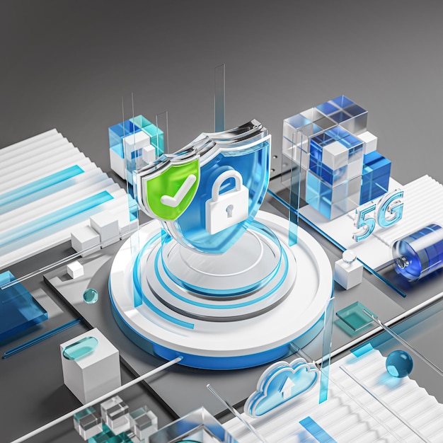 보안 시스템 방패 잠금 확인 아이콘 개념 기술 기호 3d 렌더링