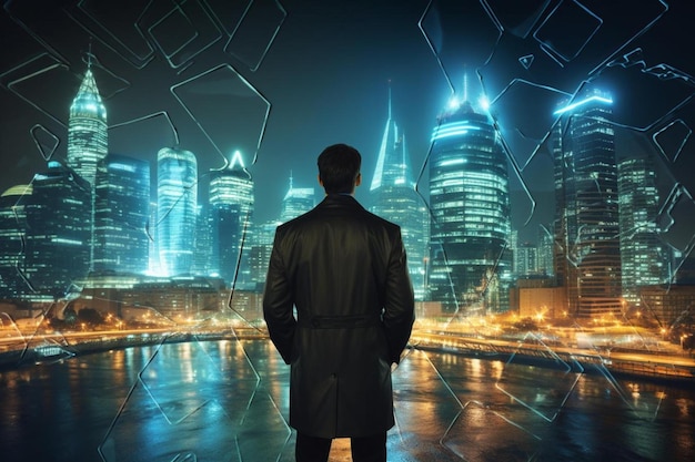 Security theme with a man on blurred city background