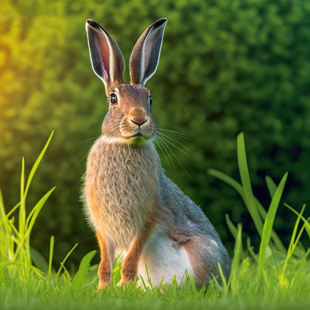 Sedate easter belgian rabbit portrait full body sitting in green field