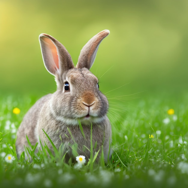 Уравновешенный пасхальный портрет кролика беверена в полный рост, сидящий в зеленом поле