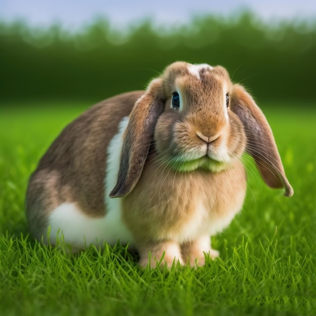 Sedate easter English Lop rabbit portrait full body sitting in green field