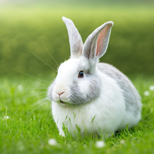 Sedate easter French angora rabbit portrait full body sitting in green field