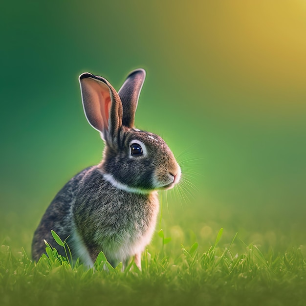 Sedate easter Harlequin rabbit portrait full body sitting in green field