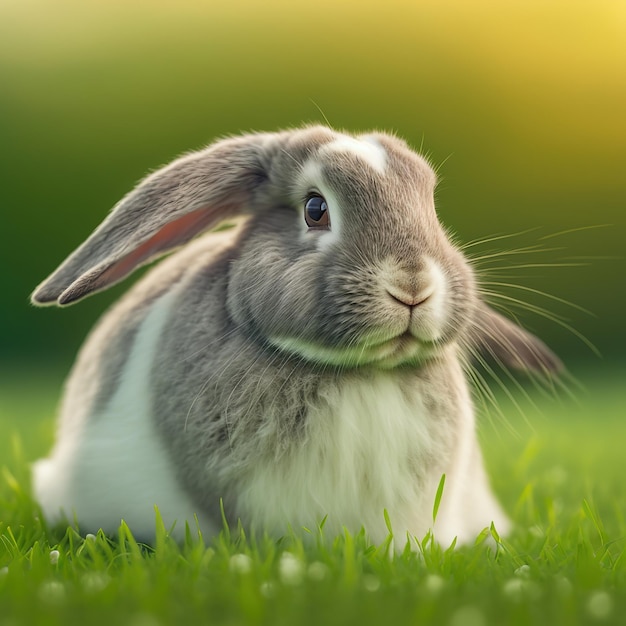 Sedate easter Mini Lop rabbit portrait full body sitting in green field