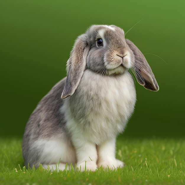 Sedate easter Mini Lop rabbit portrait full body sitting in green field