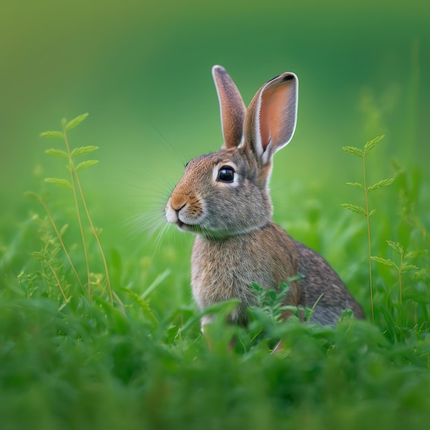 Уравновешенный пасхальный портрет польского кролика в полный рост, сидящий в зеленом поле