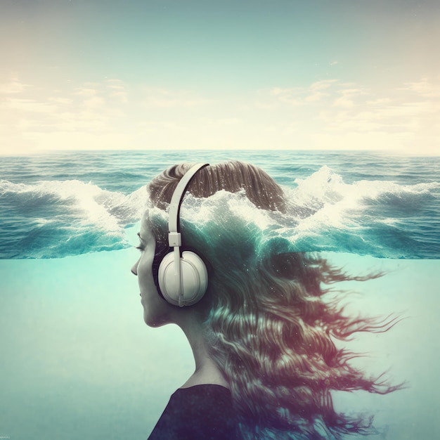 Photo sedate oceanic double exposure portrait woman in headphone listening to music