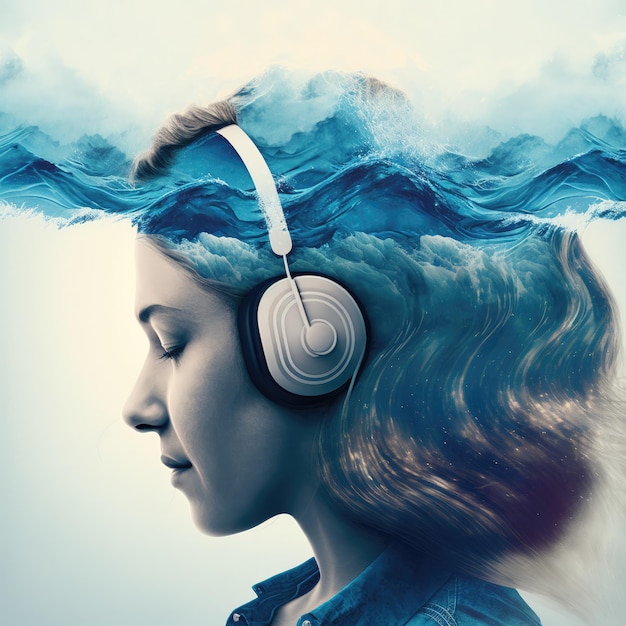 Sedate oceanic double exposure portrait woman in headphone listening to music