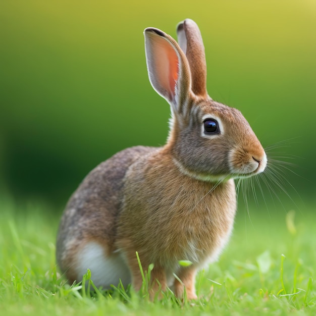 Sedate pasen Cinnamon konijn portret full body zittend in groen veld