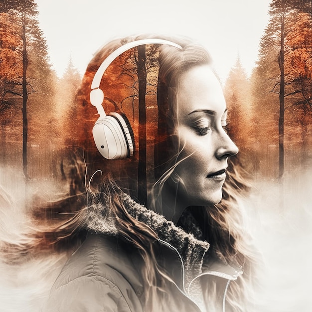 가을 숲의 이중 노출로 헤드폰을 쓴 여성의 차분한 초상화