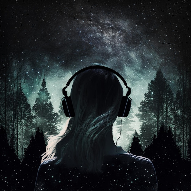 Sedate woman wearing head phone enjoying music with double exposure night forest