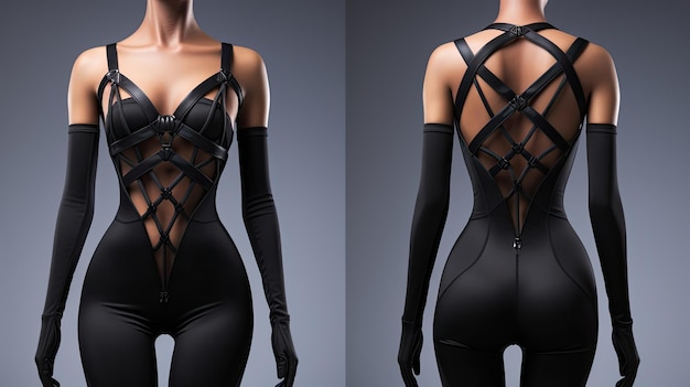 Seductive fashion with a strappy bodysuit featuring a daring deep Vneck design a bewitching ensemble that celebrates the beauty of the female Generated by AI