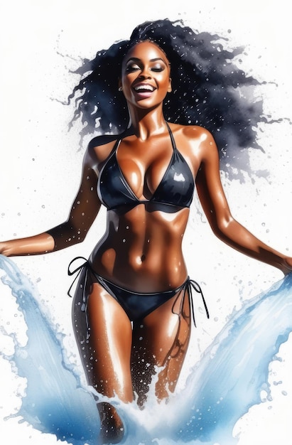 seductive swimwear watercolor illustration of sexy black girl in bikini with water splashes