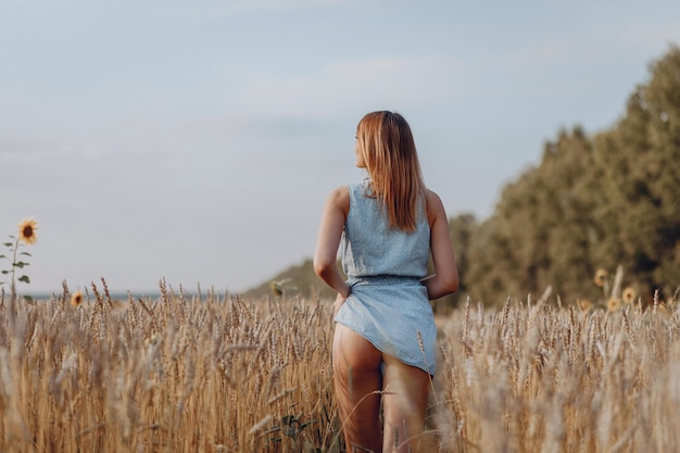 A seductive woman in a blue summer dress stands with her back and poses in a wheat field and coquettishly lifts her dress.