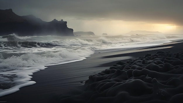 See of dim sand shoreline Atlantic ocean waves in Iceland AI Generated