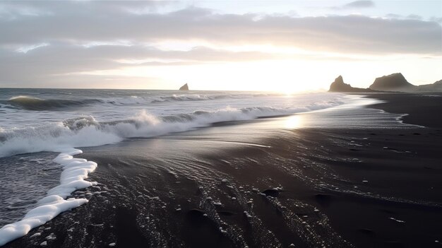 See of dim sand shoreline Atlantic sea waves in Iceland AI Generated