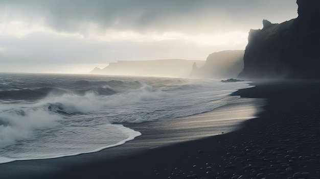 See of dim sand shoreline Atlantic sea waves in Iceland AI Generated