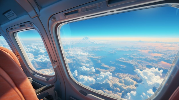 写真 飛行機が空に上がったら、飛行機の窓から外の自然の景色を眺める