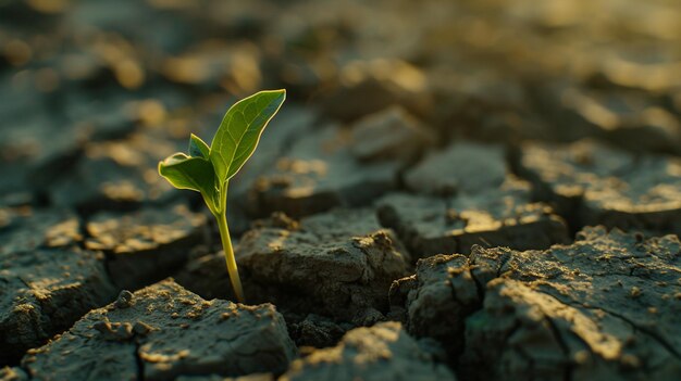 裂した土の中に芽生える種子 裂された乾いた土の中から芽生える小さな緑の芽のクローズアップ  耐久性希望そして新しい生命の止められない力を象徴する