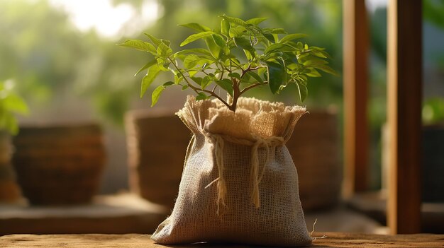 土に植える袋に入った種木 生成AI