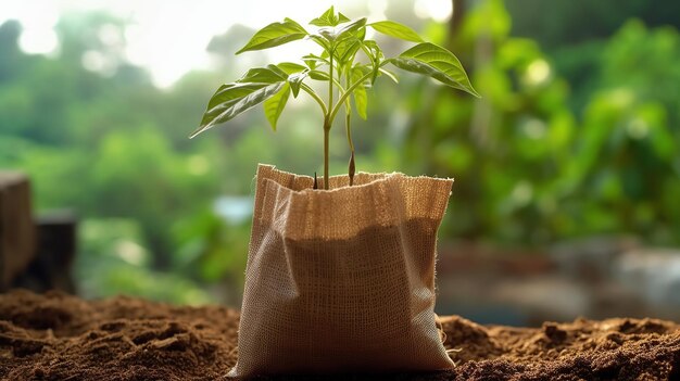 土に植える袋に入った種木 生成AI