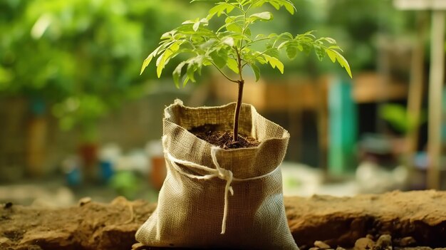 土に植える袋に入った種木 生成AI