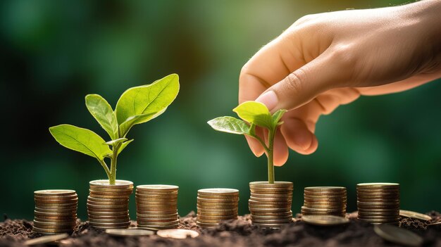 Seedling are growing on coins Concept of finance And Investment