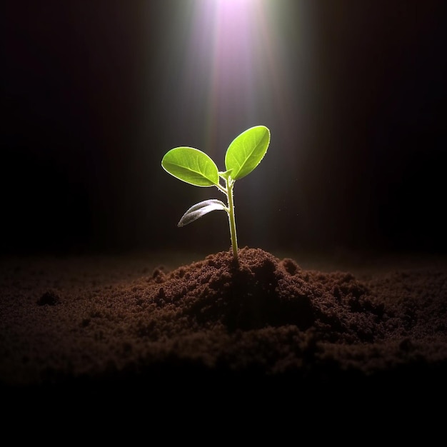 Seedling are growing from the rich soil to the morning sunlight that is shining ecology concept black background new life concept young plant growth in dirt copy space