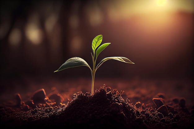 Photo seedling are growing in the soil with backdrop of sunlight planting trees to reduce global warming