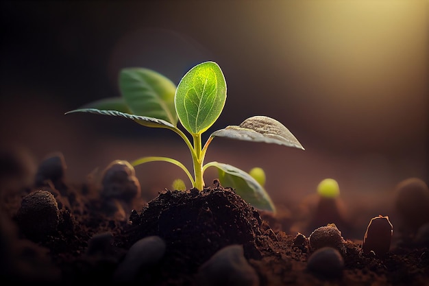 Seedling are growing in the soil with backdrop of sunlight Planting trees to reduce global warming