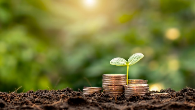 A seedling growing on a pile of coins has a natural backdrop, blurry green, moneysaving ideas and economic growth.