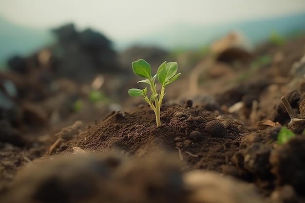 A seedling is growing in the soil of a field.