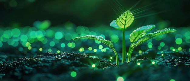 Foto saggi che germogliano dal suolo digitale codice verde neon