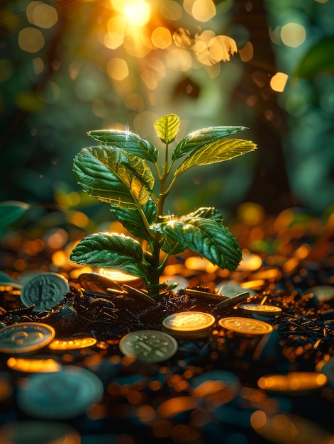 The seedlings are growing from coins and banknotes