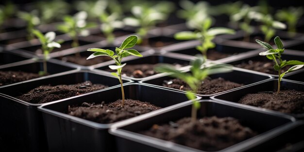 seedlings in black plastic pots