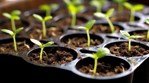 Seedlings in a black tray with holes in them