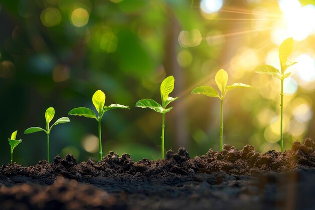 Seedlings growing progressively in fertile soil with sunlight