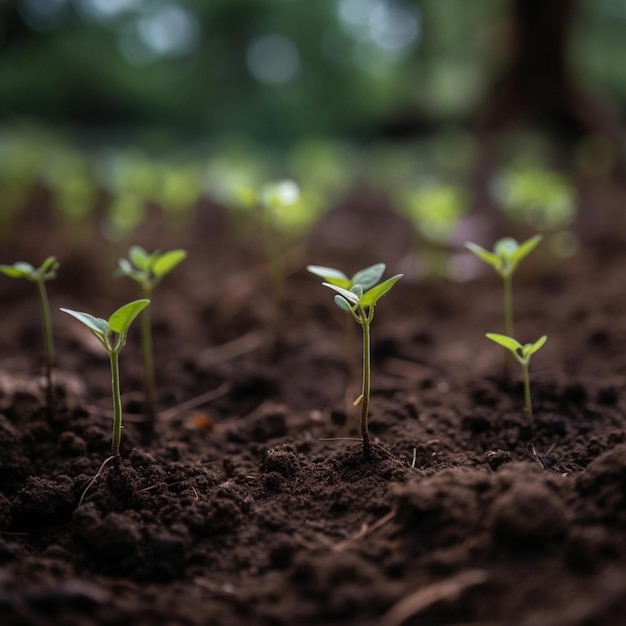 Seedlings Growing Progressively Taller Into The Dirt with unfocused background